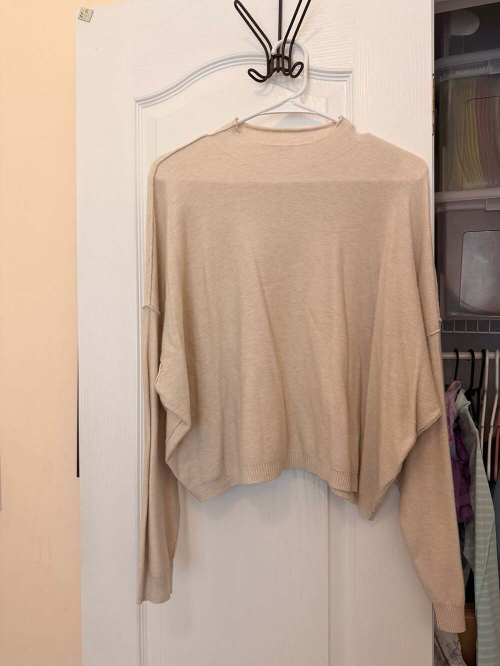 Zenana Mock Neck Sweater Size S/M Beige Crop Pullover